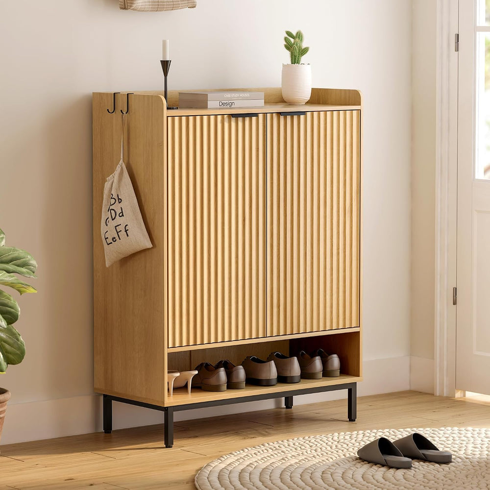 EYYTHUNG Fluted Shoe Cabinet with Doors, Large Wooden Shoe Storage Cabinet wi...