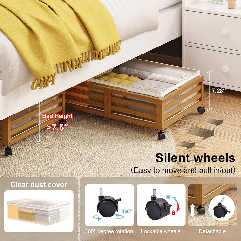Under Bed Storage with Wheels, 2 Pack Bamboo Drawers for Shoes and Clothes
