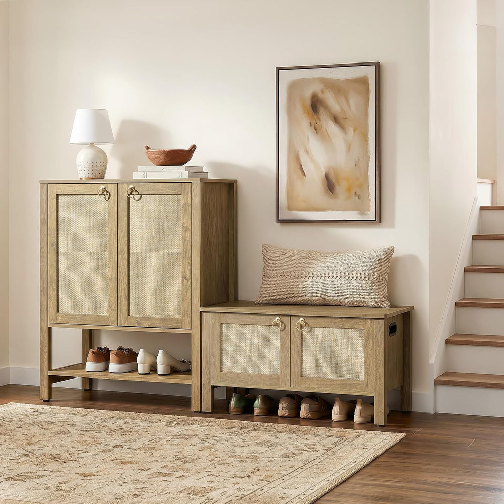 SICOTAS Rattan Storage Bench Boho Storage Chest with 2 Safety Hinges