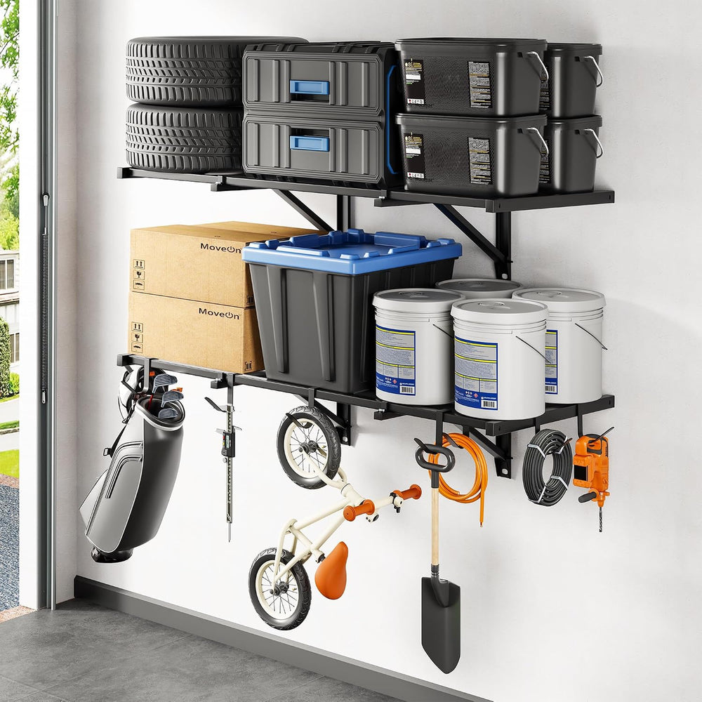 FLEXIMOUNTS 2-Pack 2x4ft Garage Wall Shelving, 8 Hooks, Heavy Duty, Black
