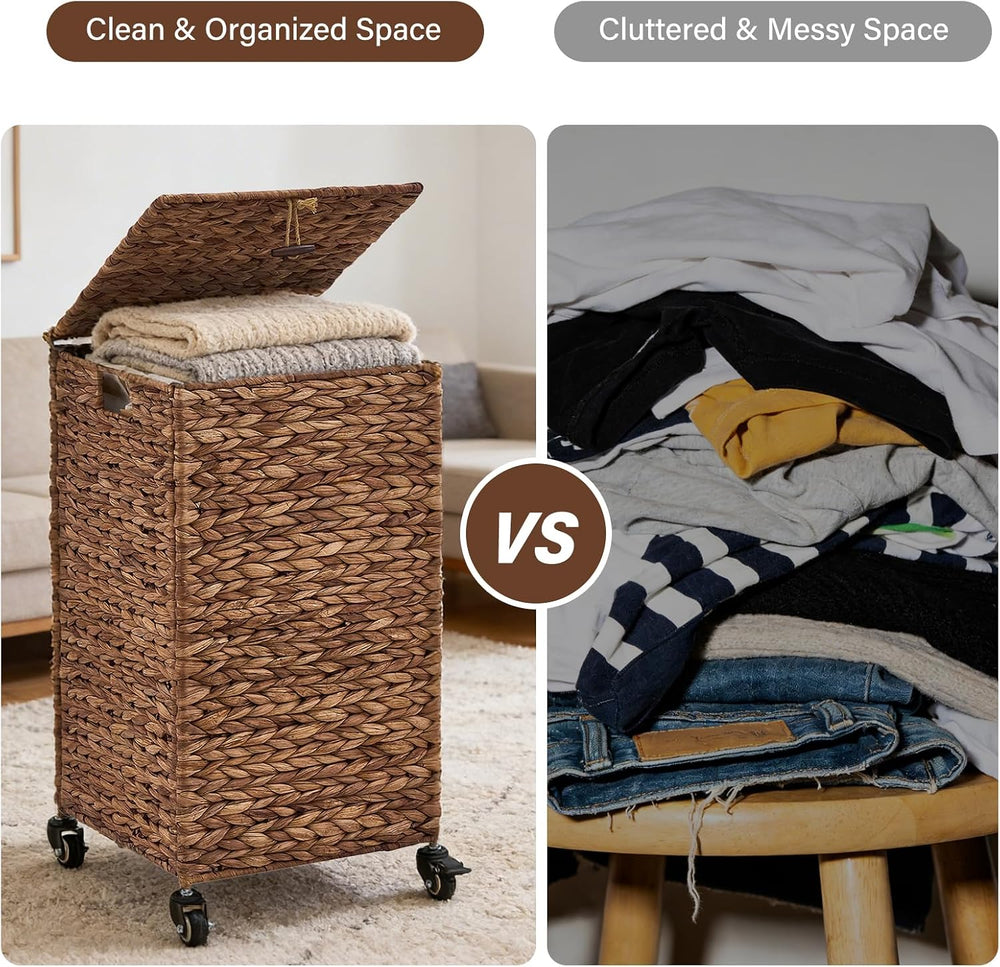 Hand-Woven Natural Water Hyacinth Laundry Basket with Wheels