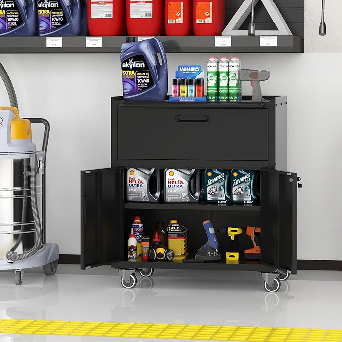 Metal Storage Cabinet with Wheels, Lockable Garage Cabinet with 2 Doors and 1 - Image 6