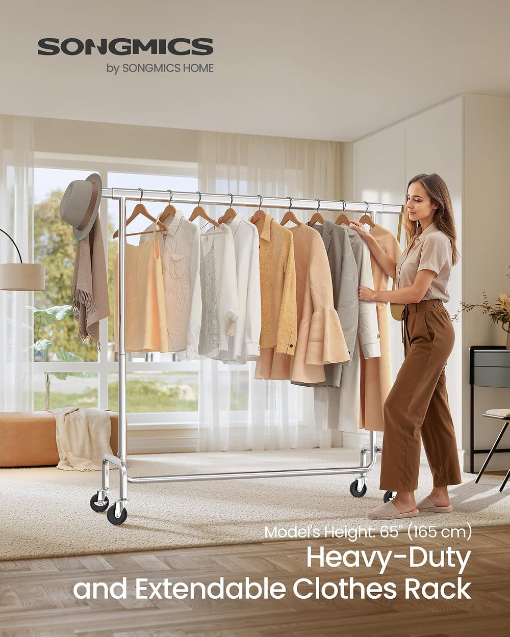 SONGMICS Clothes Rack with Wheels, Heavy-Duty, Extendable Hanging Rod