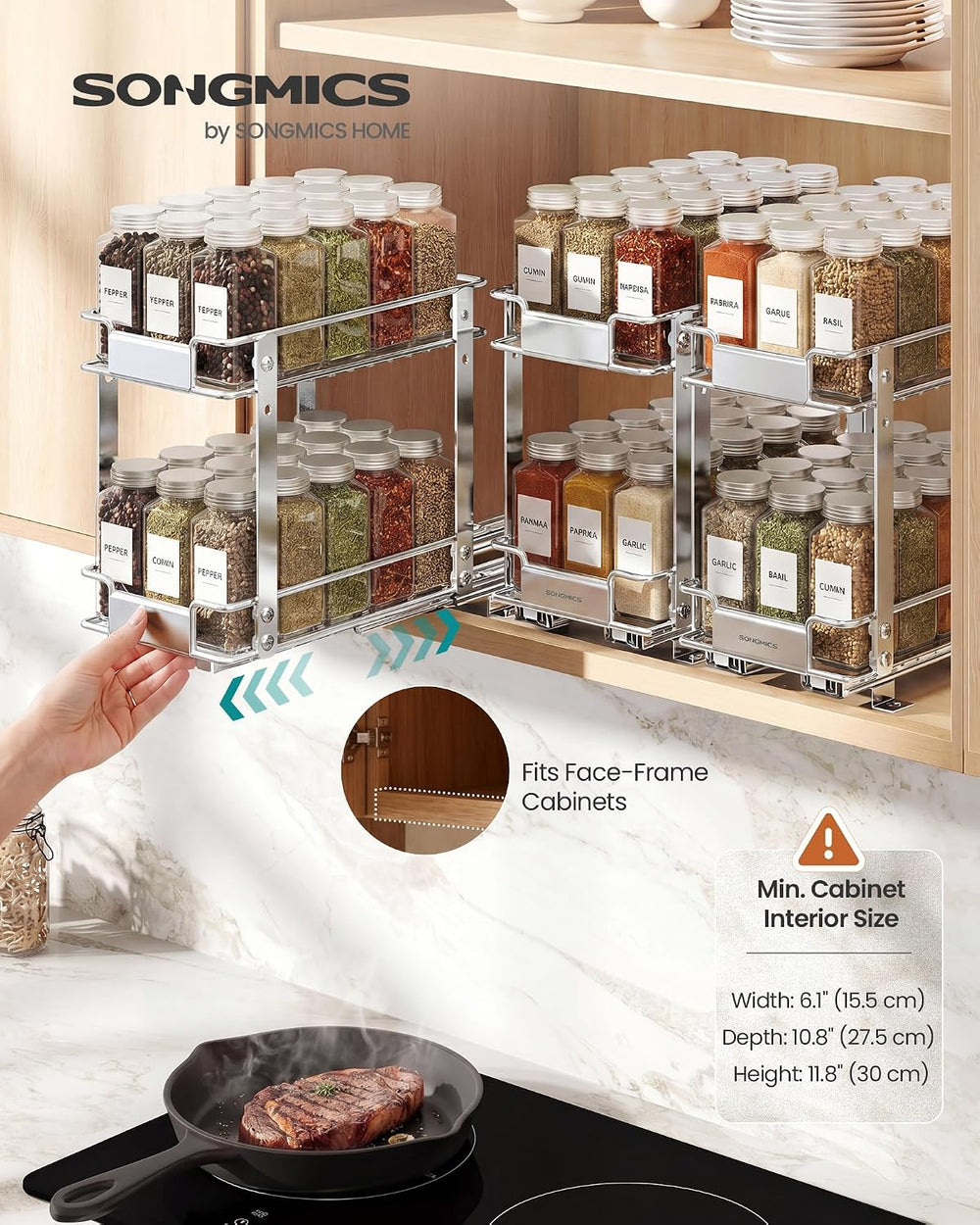 SONGMICS 4 Tier Pull Out Spice Rack for inside Cabinets, Organizer, Steel