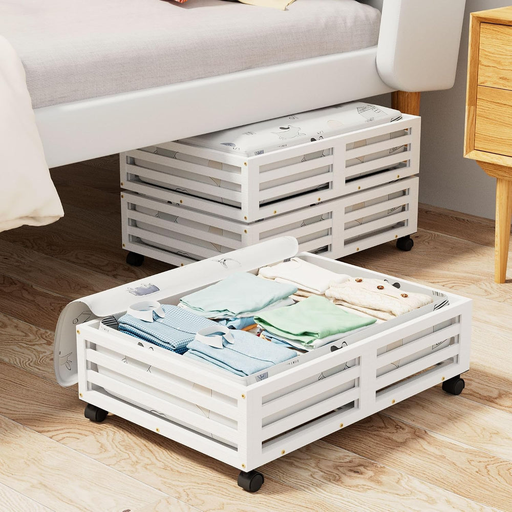 Bamboo Under Bed Storage with Wheels Rolling Underbed Drawer with Lids