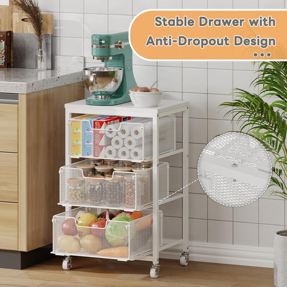 Kitchen Cart with Storage, 3-Tier Pantry Organizer and Storage Cart with Draw...
