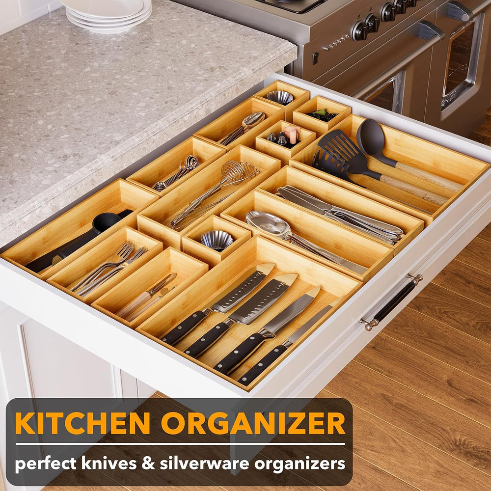 SpaceAid 21-Piece Bamboo Drawer Organizer Storage Boxes Set, Wood Tray Junk D...