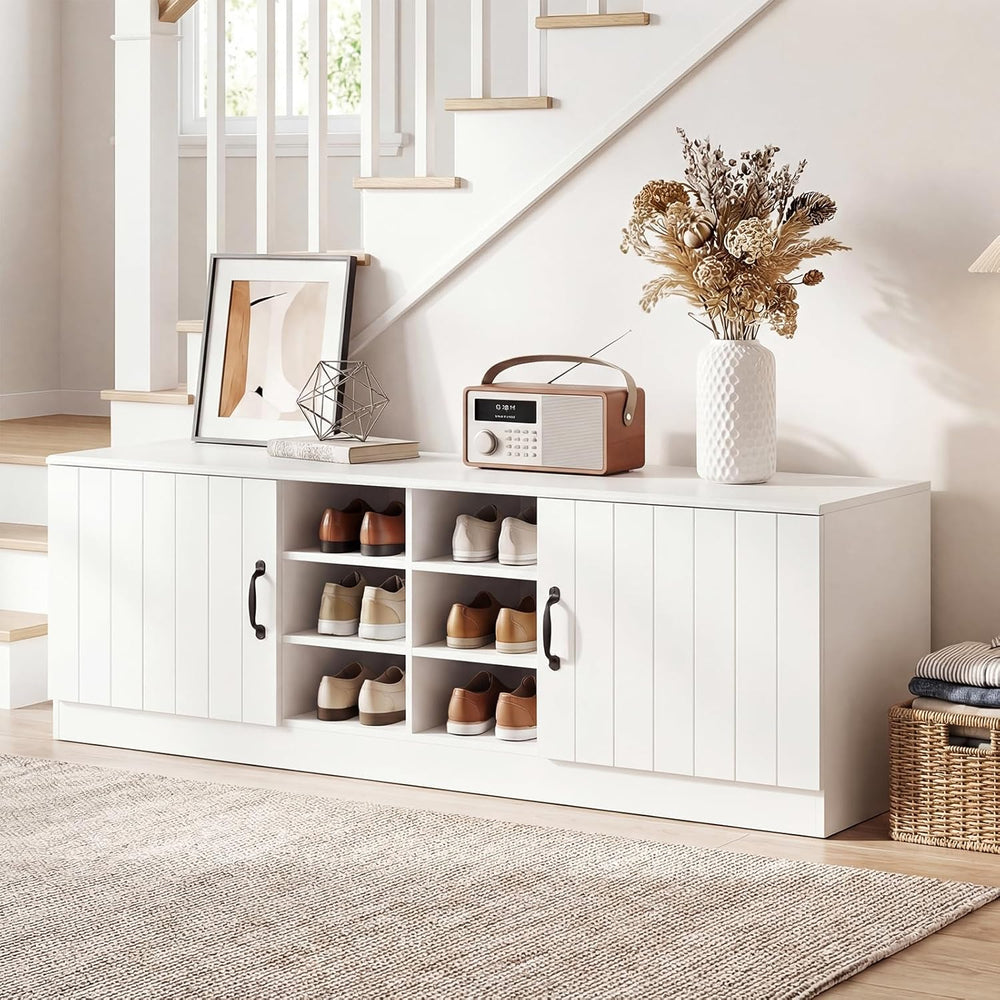 Giantex 2-Door Shoe Storage Bench, Wooden Entryway Bench with Storage, Adjust...