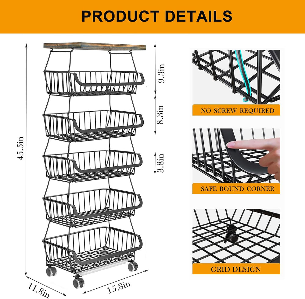BEEY Metal Storage Baskets with Wheels, Metal Wire Market Basket Storage Orga...