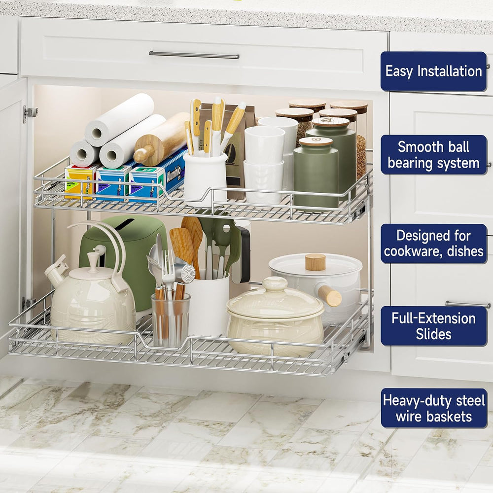 2-Tier Pull Out Cabinet Organizer, 27" W x 21.5" D, Heavy Duty Dual...