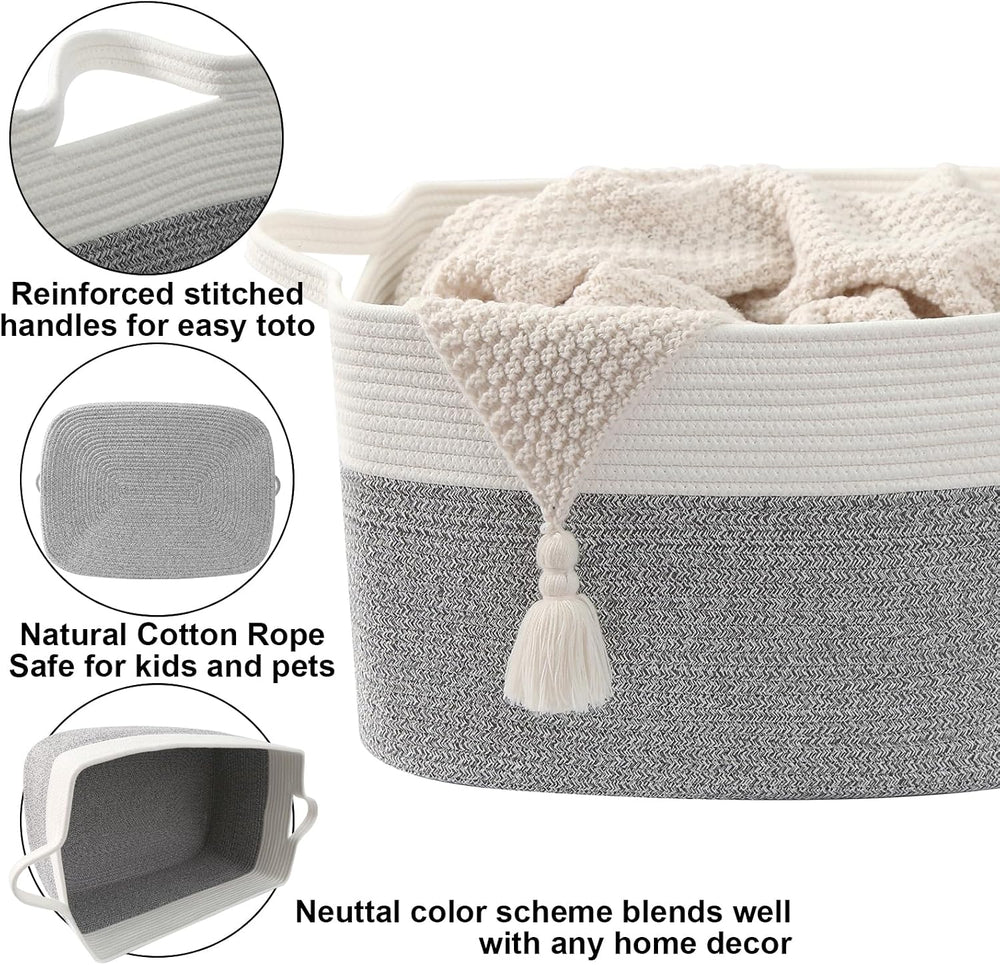 96L Laundry Basket with Handles, Extra Blanket Basket, White/Grey
