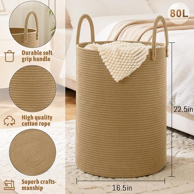 Laundry Basket, Woven Cotton Rope Laundry Hamper, 80L - Image 6