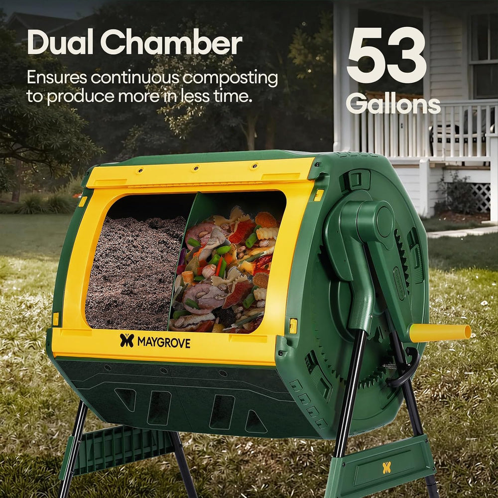 MAYGROVE Outdoor Compost Bin 53 Gallon Dual Chamber Composting Tumbler