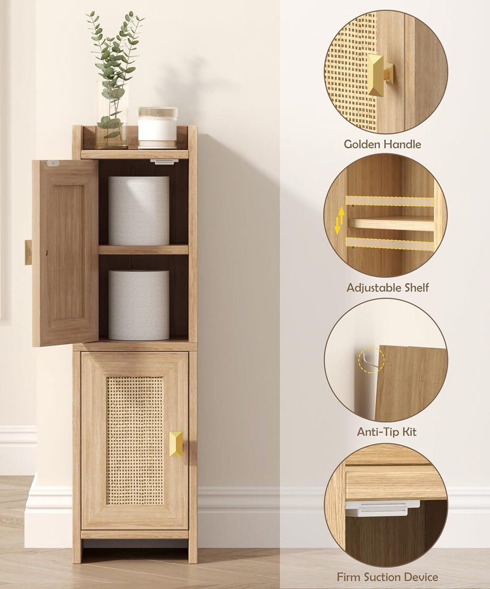 Akxomel Rattan Small Bathroom Cabinet Narrow Toilet Paper Organizer Oak