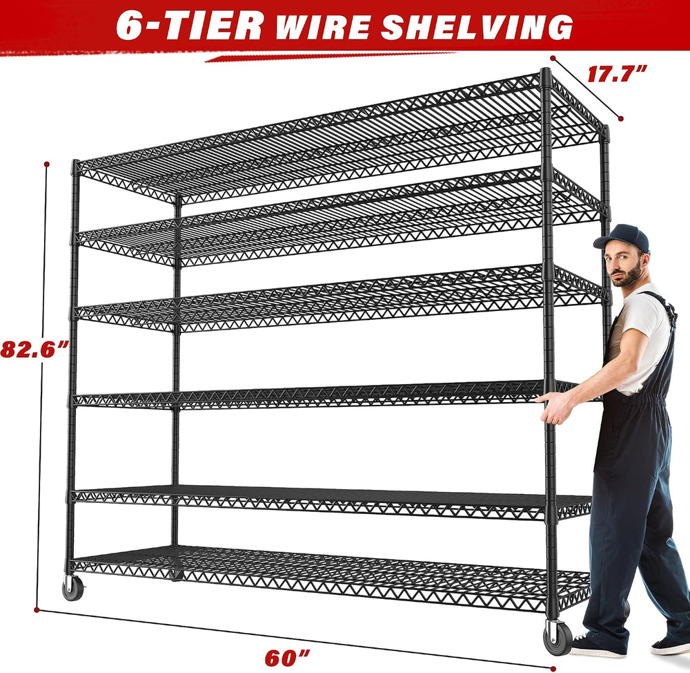 REIBII 6-Tier Wire Shelving Units with Wheels — 60" W Extra-Wide Heavy D...