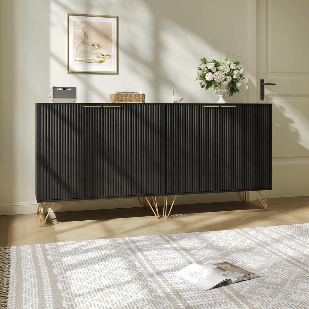 Storage Cabinet with 2 Fluted Doors and Adjustable Shelves, Black, 2pcs丨Moder...