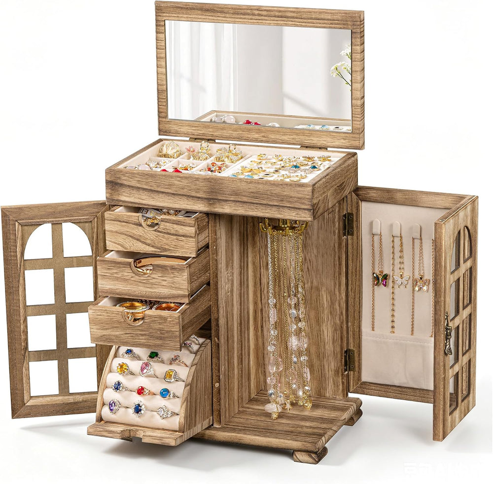 Honiway Jewelry Boxes for Women, 5 Layer Wooden Jewelry Box with Drawer &...