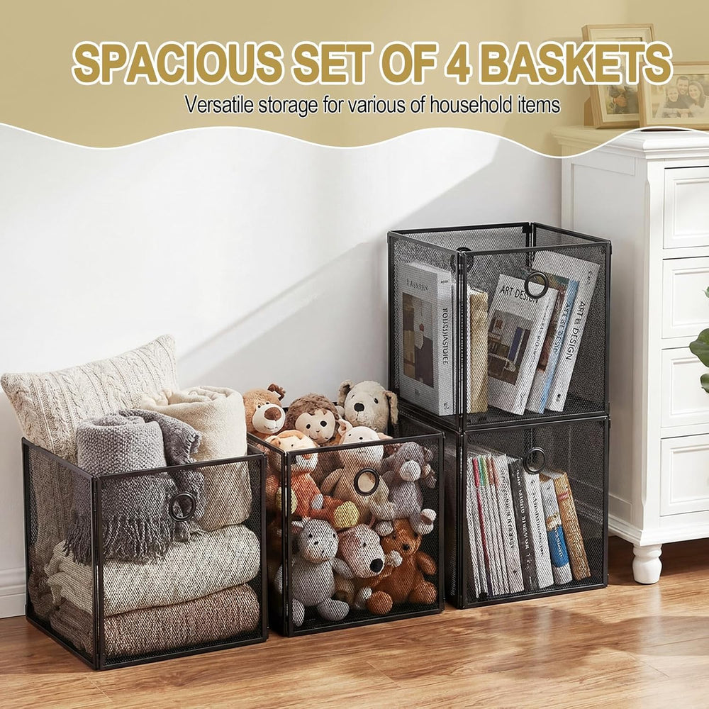 4 Pcs Foldable Metal Cube Storage Baskets, 13x13in, Black