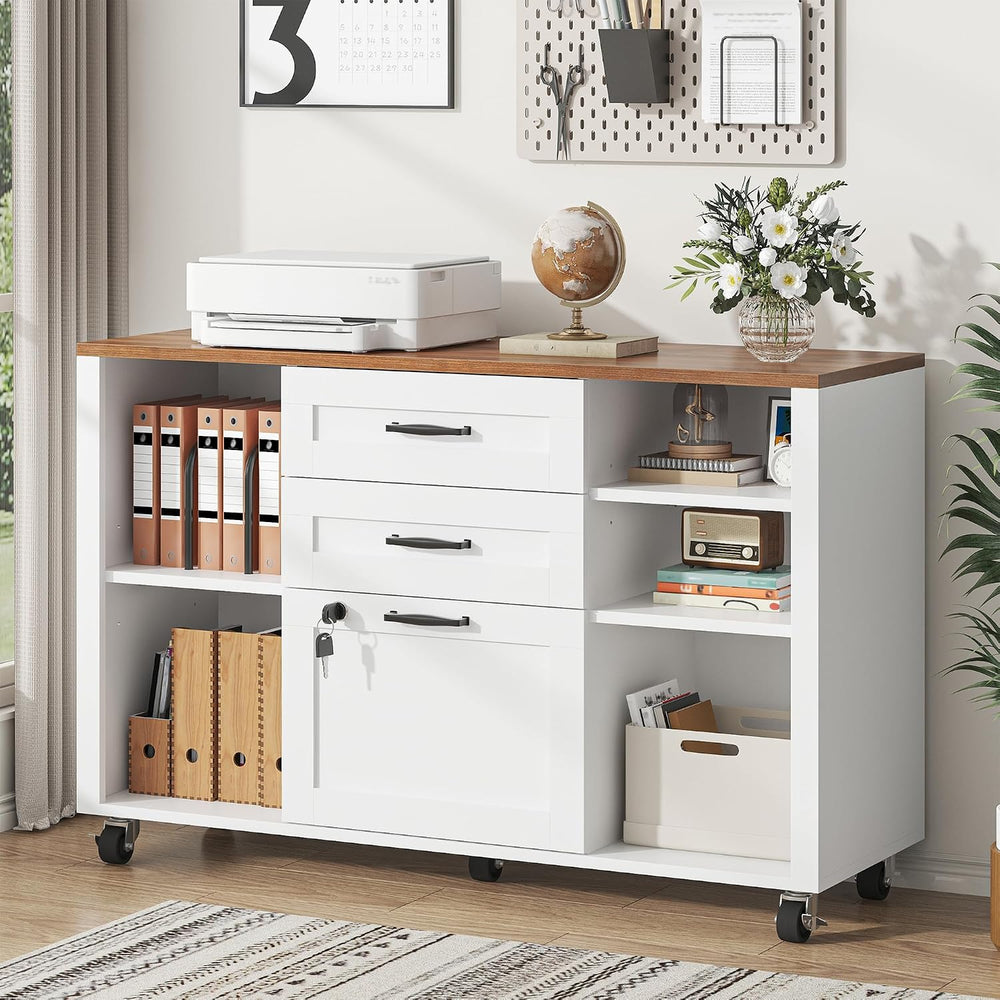 kepptory 3 Drawer Wood Mobile Large lateral File Cabinet with Lock, Lockable ...