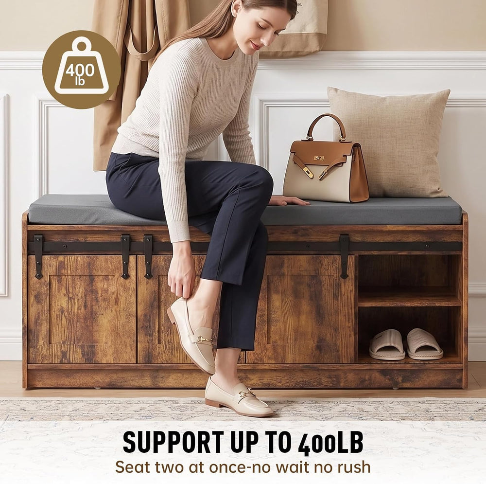 42" Farmhouse Shoe Storage Bench with Seating Cushion,for Entryway