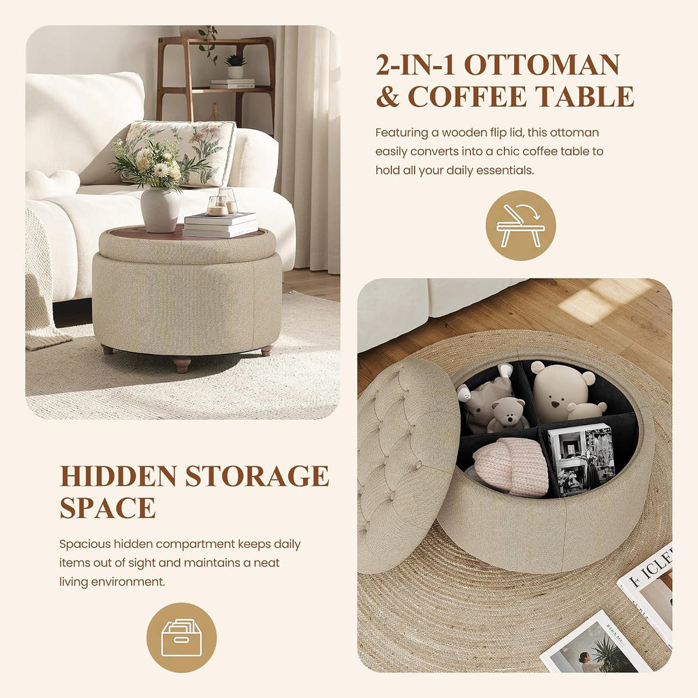 25" Round Ottoman with Storage, Small Coffee Table with Reversible Tray Lid