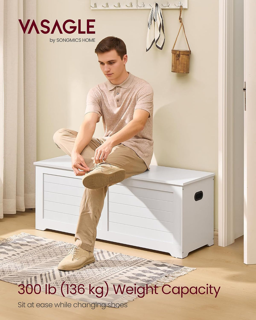 VASAGLE Storage Chest, 47.2 Inches Width Bench with 2 Safety Hinges