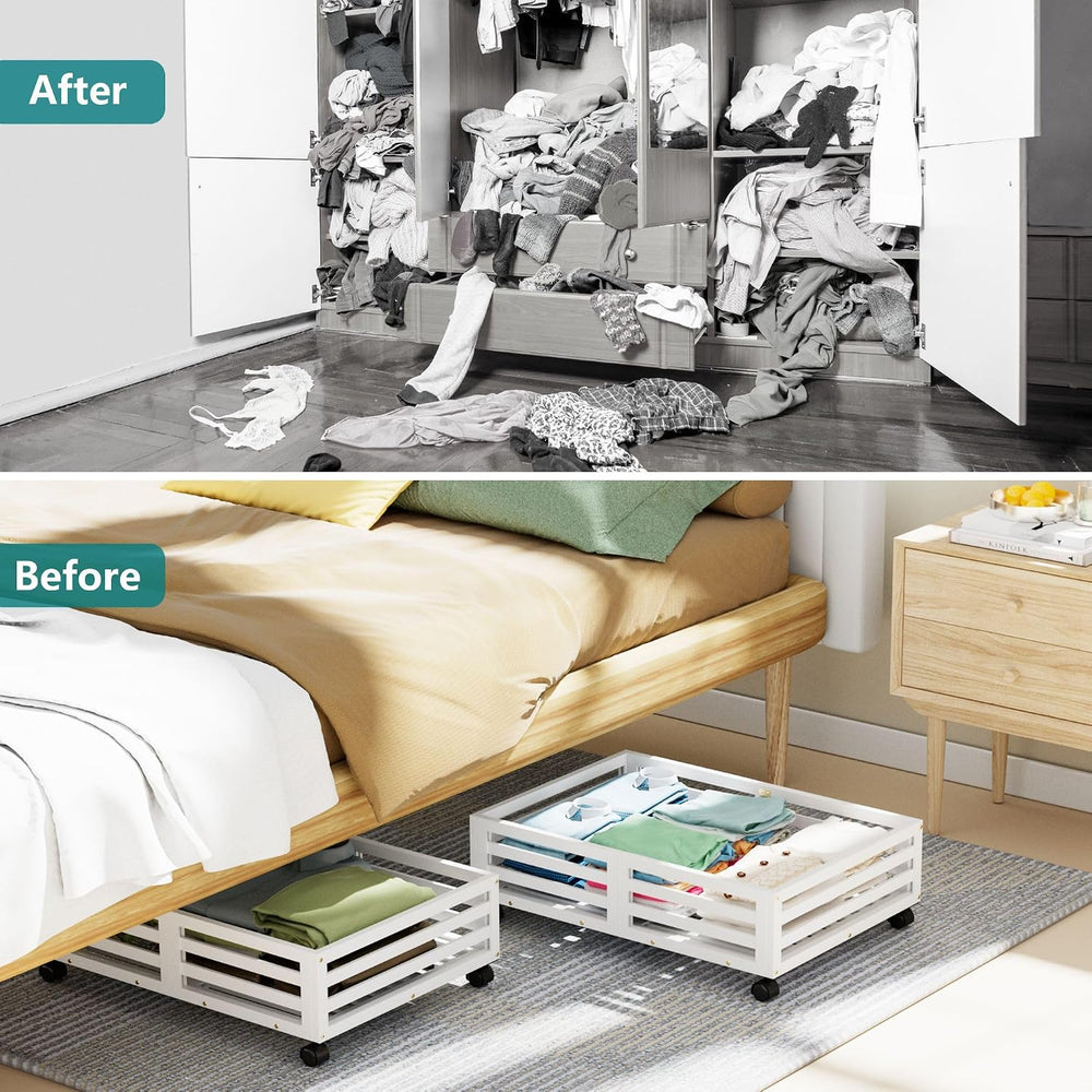 Bamboo Under Bed Storage with Wheels Rolling Underbed Drawer with Lids