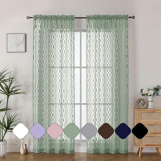 Aiyufeng Sheer Green Curtains 84 Inches Long 2 Panels, Modern Airy Light - Image 2