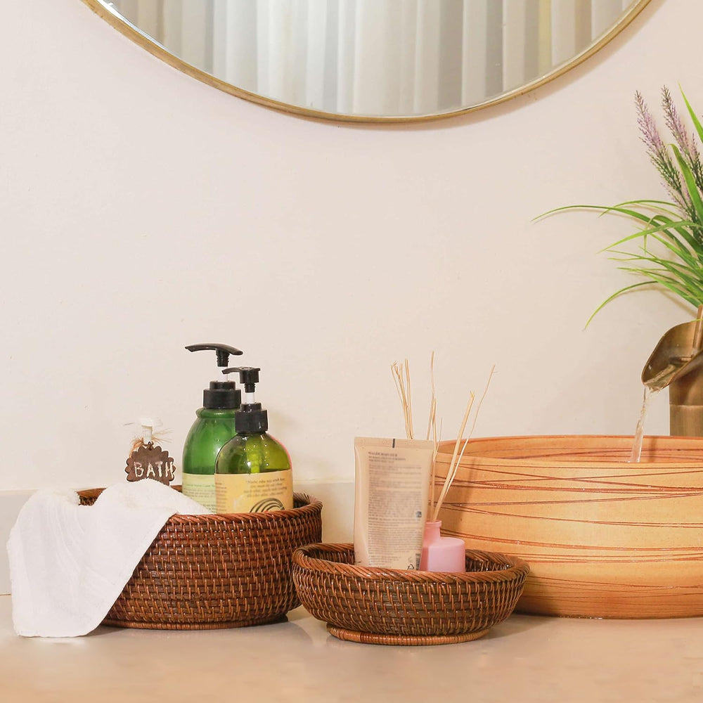 Rattan Bread & Fruit Serving Baskets Set of 3, Round Wicker Baskets for K...