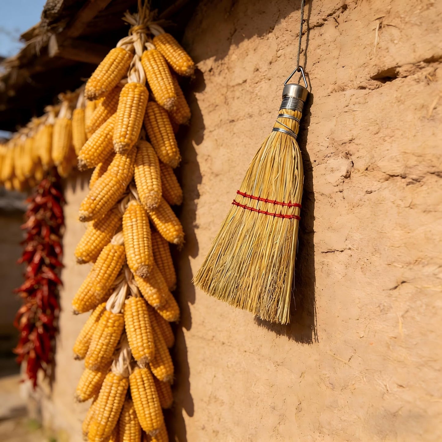 12 Inch Corn Handmade Broom Mini Whisk Made of Natural Corn Broom Straw with a Solid Metal Hang Design for Outdoor Car Porch Debris Dust Dirt Driveways Sidewalks Halloween