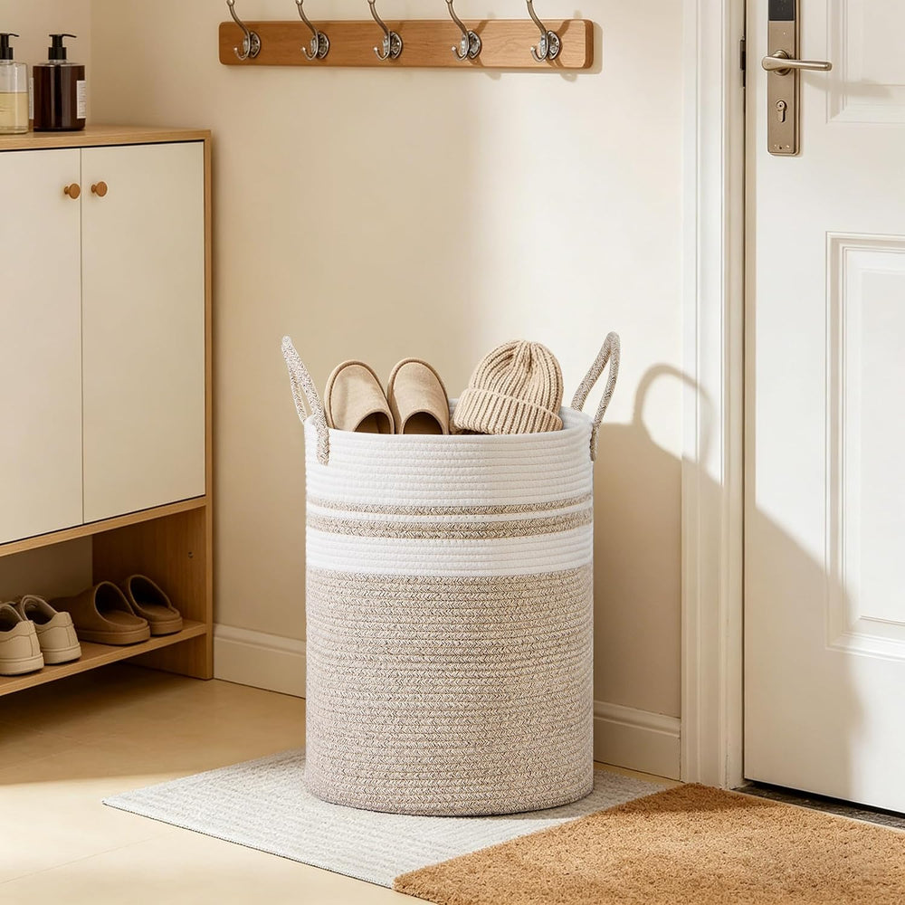 100L Extra Large Tall Cotton Rope Laundry Basket with Handle, Brown Striped