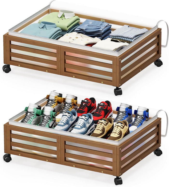 Under Bed Storage with Wheels, 2 Pack Bamboo Drawers for Shoes and Clothes