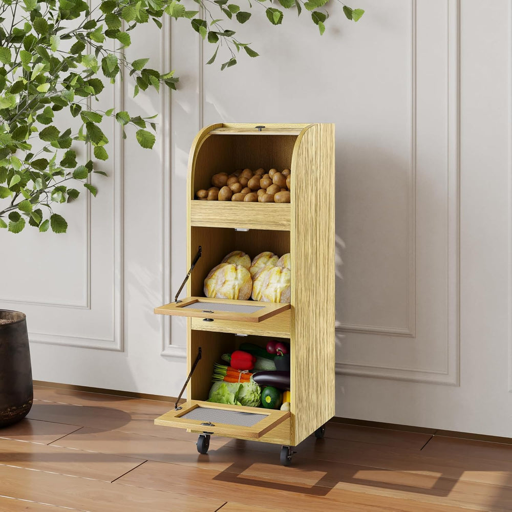 Wood Color Vegetable Storage Bin with Wheels & Ventilation