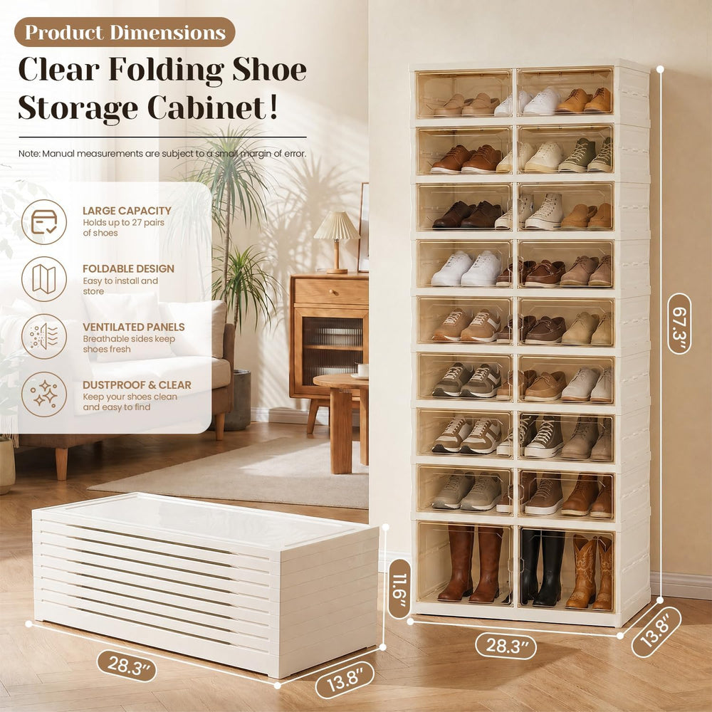 Foldable Shoe Rack, 9-Tier Shoe Storage Cabinet with Clear Doors for Closet