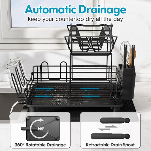 JASIWAY 2 Tier Black Large Stainless Steel Dish Drainers Drying Rack - Image 2