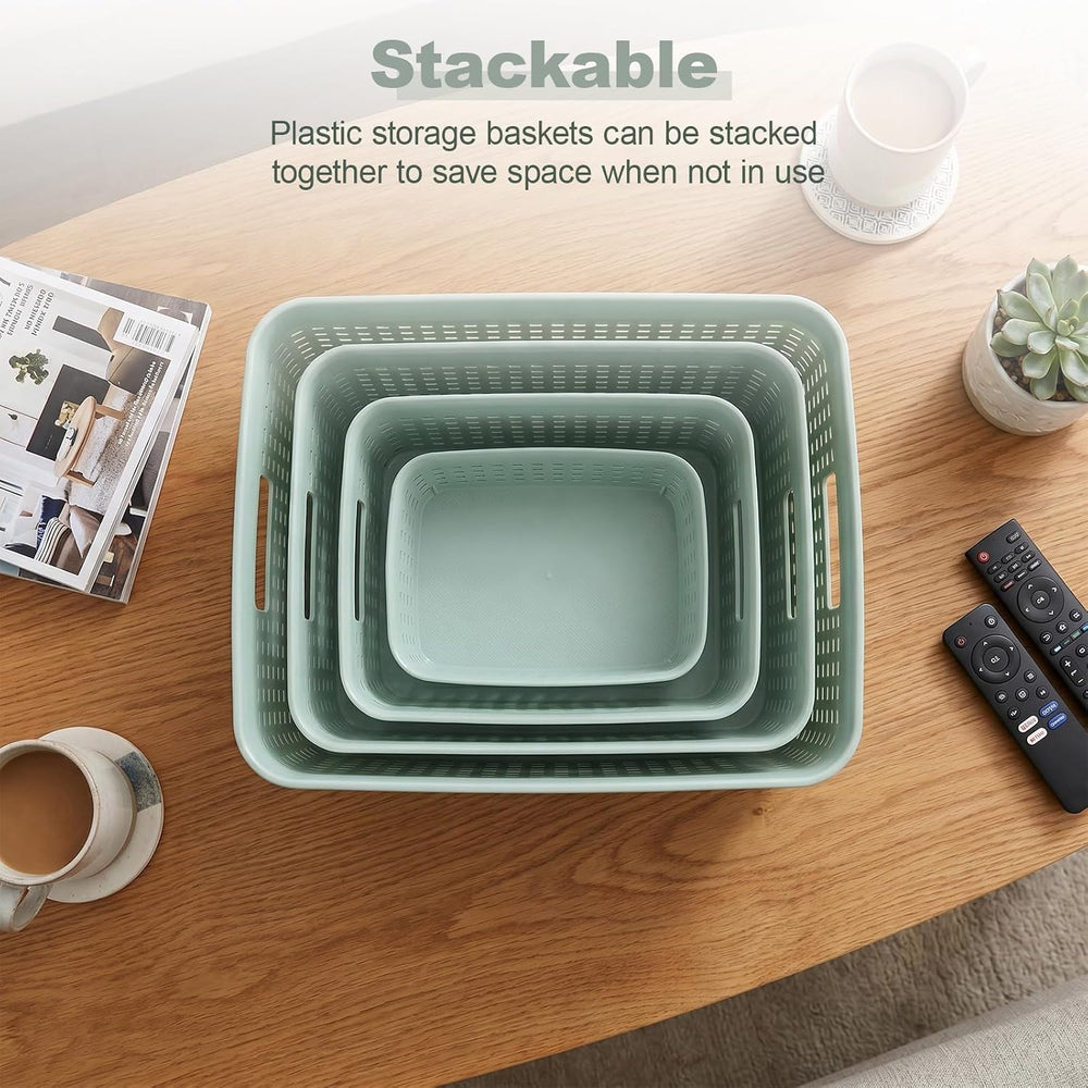 8 Pcs Plastic Storage Basket for Closet, Kitchen, Bathroom (Green,2L+2M+1S+3XS)