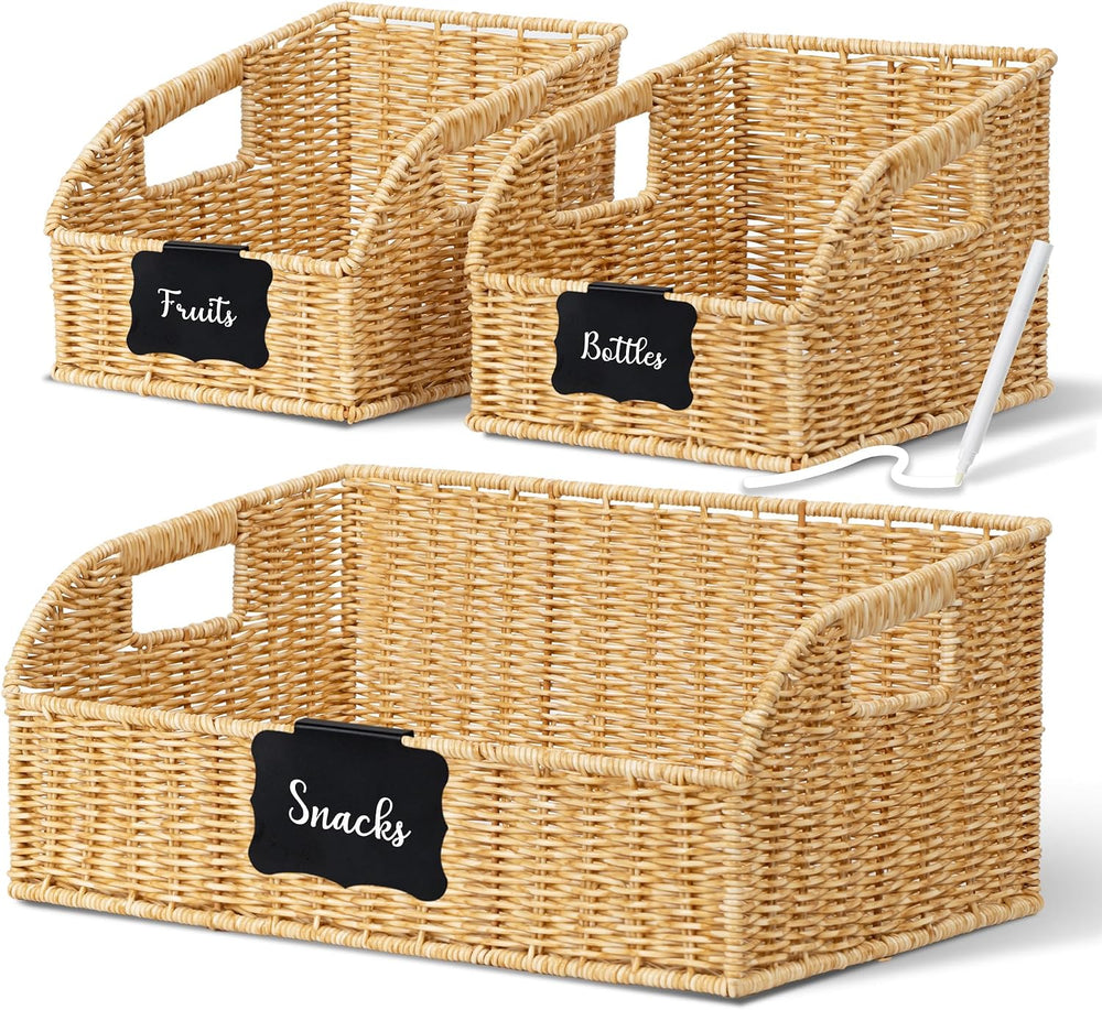 Brownlily Faux Wicker Pantry Storage Baskets, Natural-Single Set (3-Piece)