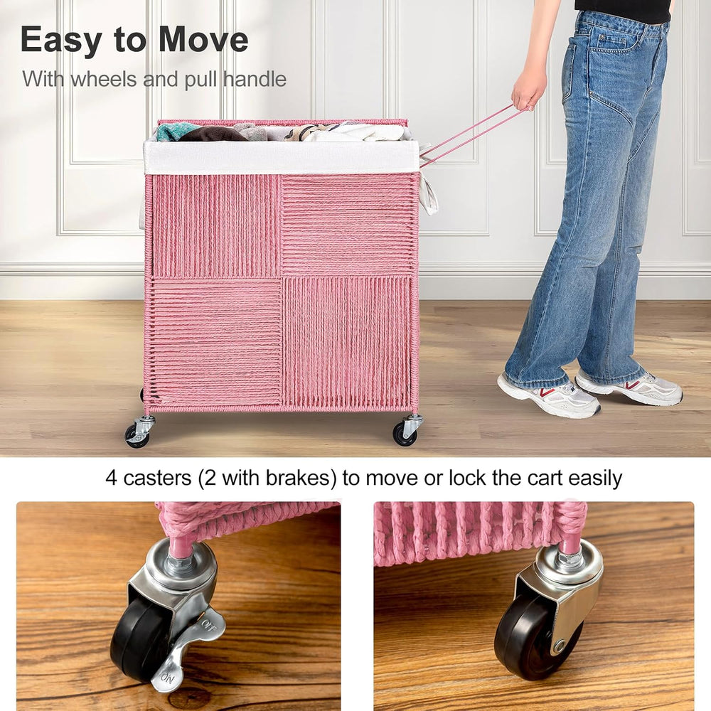 WOWLIVE Double Laundry Hamper with Wheels, Handwoven Rolling Laundry Basket