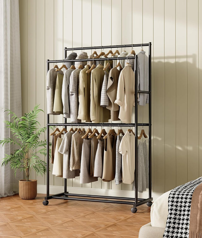 Clothes Rack - 36.2" x 21.3" x 72", 4-Bar Double Rod Rolling Metal Clothing Rack for Hanging Clothes, Portable Garment Rack with Wheels for Bedroom Laundry, Closet Wardrobe, Black