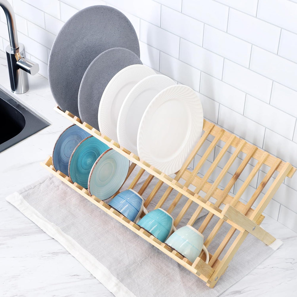 Elama 2-Tier Collapsible Kitchen Bamboo Drying Dish Rack, Collapsible Dish Ra...