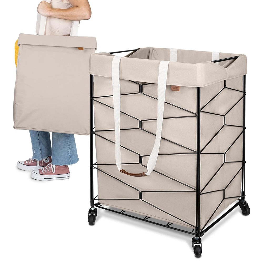 CleverMade Flex Frame Rolling Laundry Hamper with Removable Liner 98L Cream