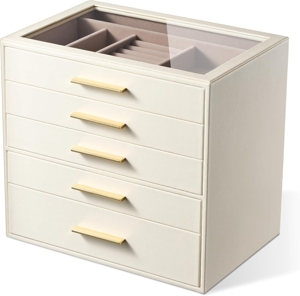 Jewelry Box Organizer Storage Case, 5-Layer with Glass Window, White