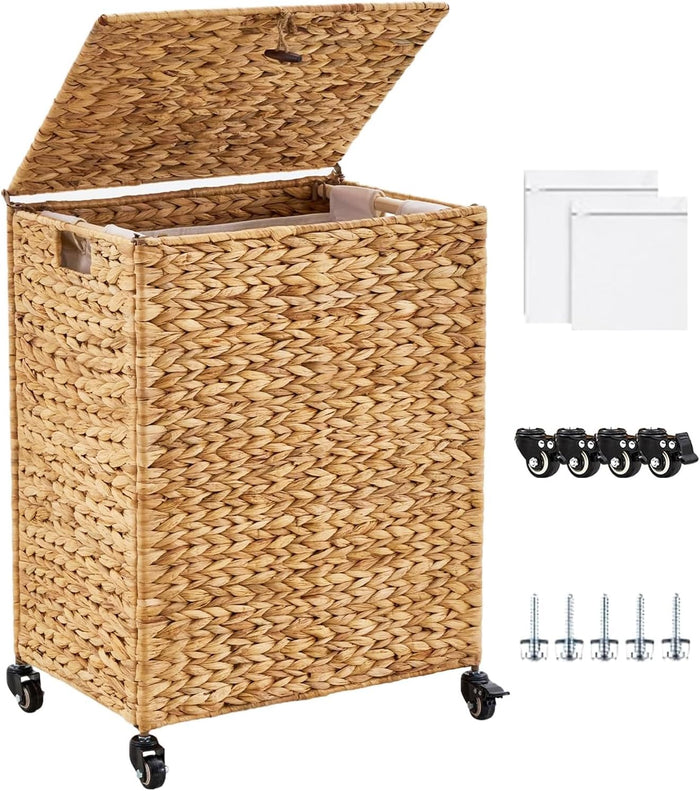 Hand-Woven Natural Water Hyacinth Laundry Basket with Wheels