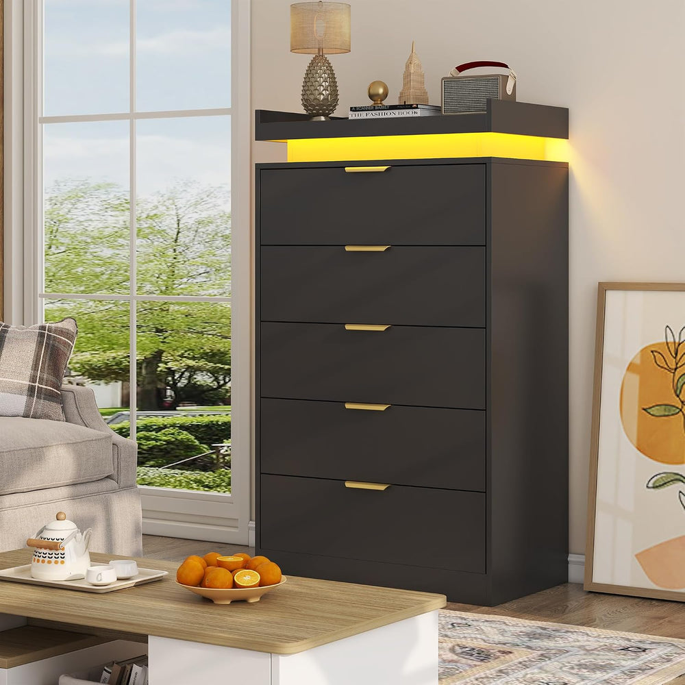 UNIQUITE Tall Dresser for Bedroom, Black Dresser with LED Lights, Wood 5 Draw...