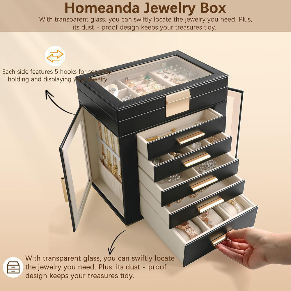 Homeanda Jewelry Boxes with Glass Lid, 6-Layer Large PU Leather, Black