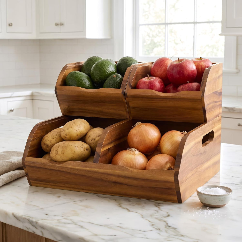 Acacia Wood Pantry Storage Bins - Stackable Open Front Kitchen Baskets