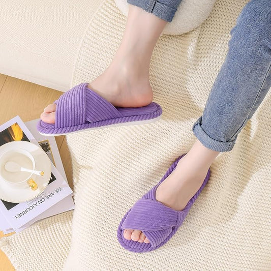 Evshine Summer House Slippers for Women Corduroy Cross Bow Indoor Slippers Open - Image 2