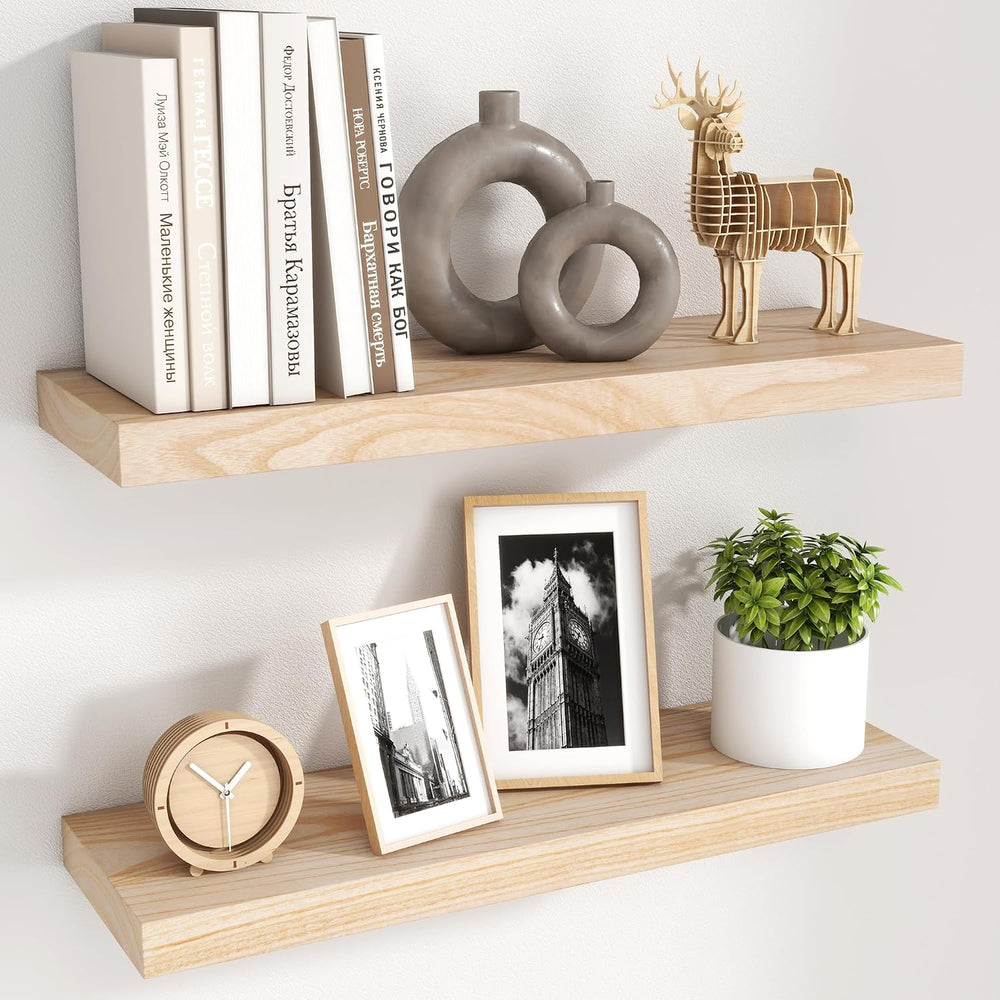 fuqing Natural Wood Floating Shelves, 24'' Wood Shelves for Wall Set ...