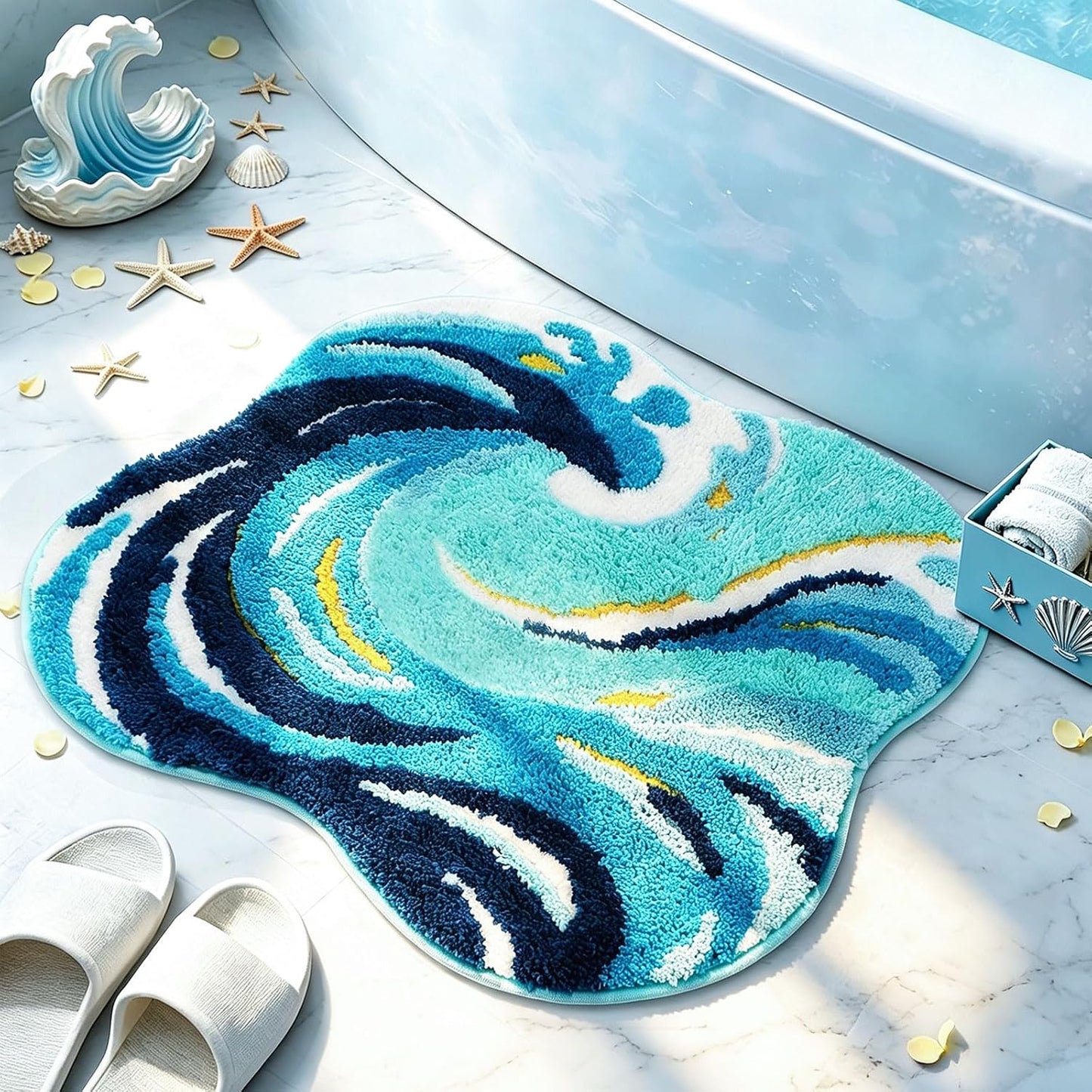 Percozzi Ocean Wave Bath Rug 32 x 20 Inch, Coastal Tufted Bathroom Mat with Non-Slip TPR Backing, Soft Plush Absorbent Machine Washable Bath Rug, Beach House Ocean Decor Rug for Bathroom Bedroom
