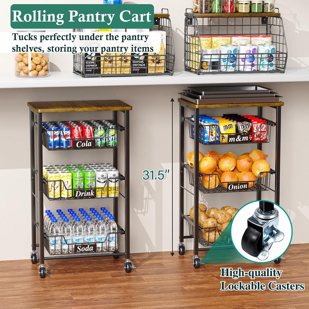 OKZEST 4-Tier Kitchen Storage Cart with 3 Upgraded Drawer Basket & Wood Top